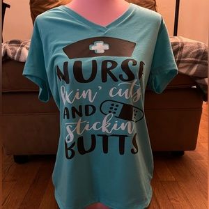 Teal V-neck T-shirt, women’s size extra large, funny nurse shirt